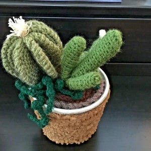 May include: A crocheted cactus plant in a textured brown pot. The cactus features a round, ribbed olive green section with a white top flower, a taller green arm, and dark green trailing vines. The pot has a silver rim and brown base.