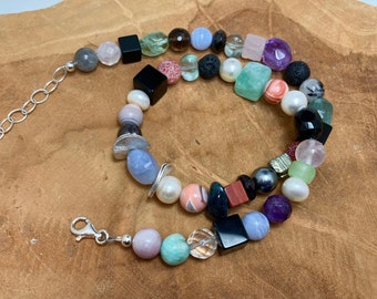 handgefertigte Kette, Mix Kette, Schmuckstein Kette, Kette Amethyst, Kette Onyx, Kette Kristall, Kette Jaspis, kurze Halskette