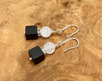 Ohrringe Onyx und Bergkristall mit Strass, Silber, besonderes Geschenk