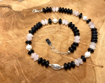 Kette Onyx, Kette Rosenquarz, Kette Perlen, Onyx Kette, Rosenquarz Kette, Halskette Damen, Kette Silber, kurze Halskette