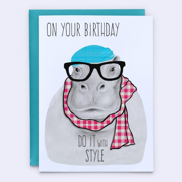 Hipster Birthday Card, Hippo Birthday Card, Hippopotamus Birthday Card, Hipster Stylish Card