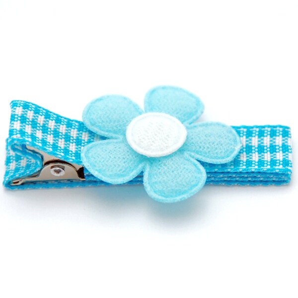 Fully lined hair clip on a double prong alligator clip in an aqua gingham ribbon with an aqua felt flower for baby , toddler and girls