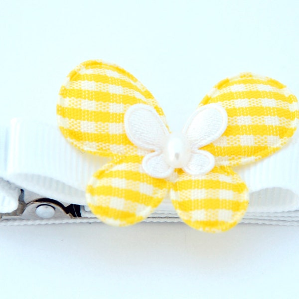Butterfly toddler , girls barrette fully lined on an alligator clip in white grosgrain with tuxedo bow , yellow gingham butterfly on top