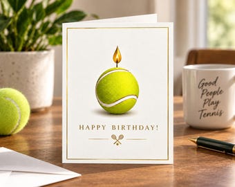 Biglietto d'auguri con pallina da tennis, bordo dorato, racchette incrociate (download digitale)