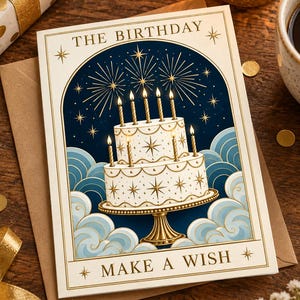 May include: A rectangular greeting card featuring a two-tiered white birthday cake on a gold pedestal stand. The cake is decorated with gold starbursts and lit candles. The background is dark blue with gold fireworks and light blue clouds.