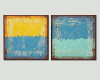 Original Abstract Painting - Canvas Painting on the Wall - Diptych - Ready to Hang Up -Blue, Yellow - With Texture -Ronald Hunter