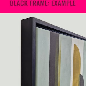 May include: A close-up of a black frame surrounding an abstract painting with vertical stripes in shades of green, brown, and gold.