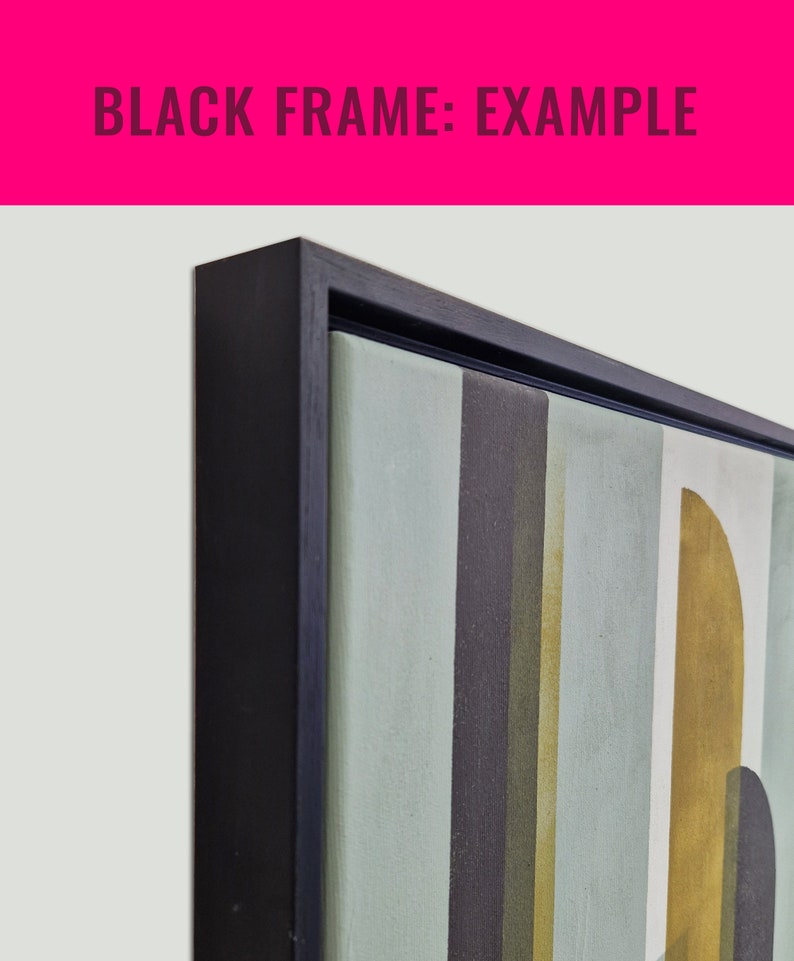May include: A close-up of a black frame surrounding an abstract painting with vertical stripes in shades of green, brown, and gold.