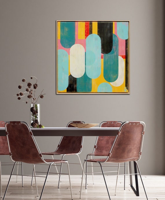 Canvas Kunst Print - Hoge Kwaliteit Inkt - Blauw, Roze, Geel - Levendige kleuren - Klaar om op te hangen - 80x80 cm - Lijst optioneel