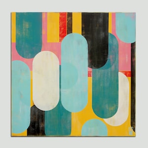May include: Abstract painting with a geometric pattern of overlapping rounded shapes in shades of teal, blue, white, yellow, pink, black, and red.