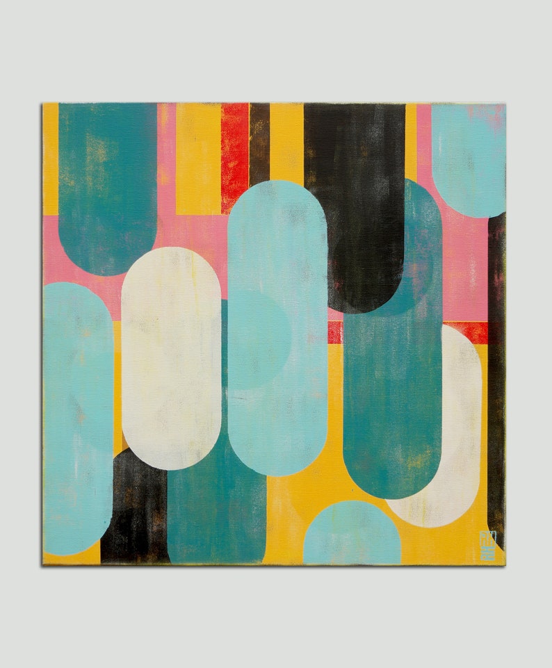 May include: Abstract painting with a geometric pattern of overlapping rounded shapes in shades of teal, blue, white, yellow, pink, black, and red.
