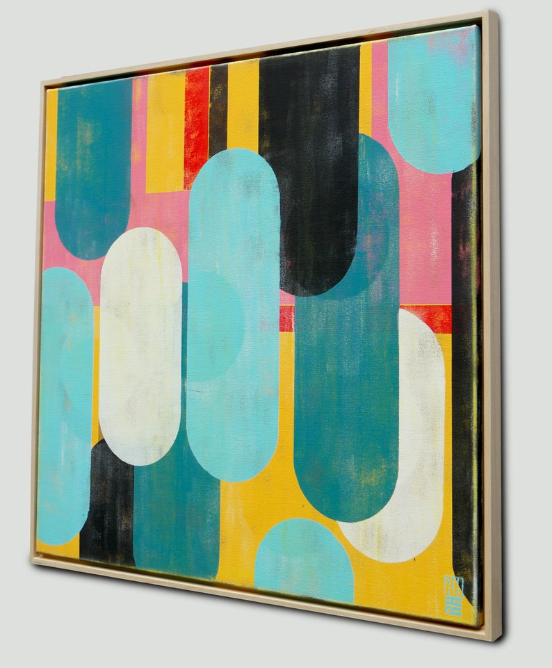 May include: Abstract painting with a geometric design featuring rounded shapes in shades of blue, yellow, pink, white, and black.