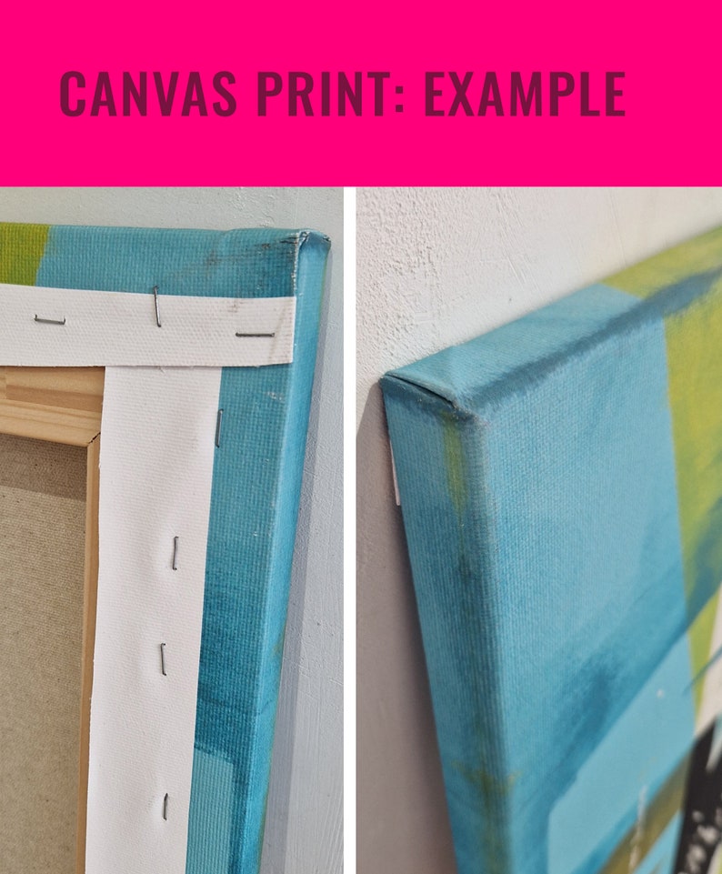 May include: Close-up of the side of a canvas print. The canvas is wrapped around the wooden frame and secured with staples. The print features a blue and green abstract design.