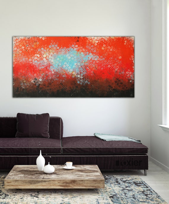 Original Abstract Painting Ready to Hang 55.1x27.6 Vibrant Colors Orange  Red, Light Blue Acrylic Paint Light Texture Ronald Hunter 