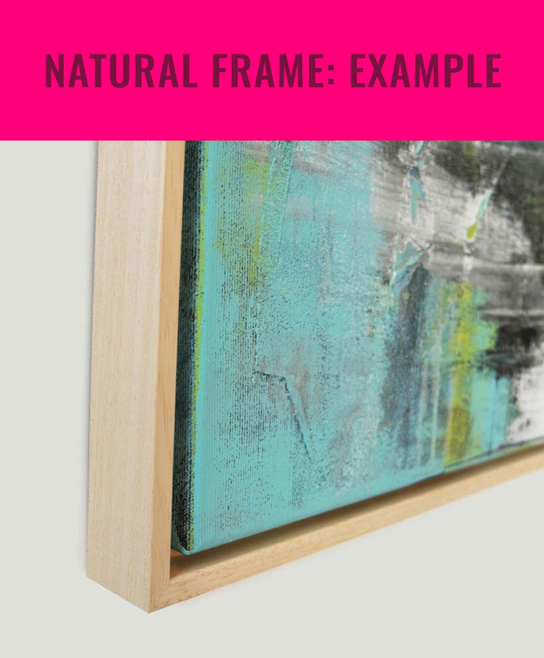 May include: A close-up of a natural wood frame with a light wood finish. The frame is surrounding a canvas painting with abstract brushstrokes in shades of blue, green, and white.
