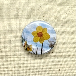 Peut inclure: Un bouton rond avec une fleur de jonquille jaune et un centre marron sur fond de ciel bleu. La fleur est sur une tige noire. Le bouton est sur une surface en tissu beige.