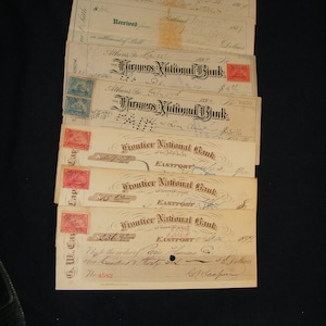 Lot 8 Old Bank Receipts, 1867-1900,Farmer&#39;s National Bank, Athens Pa, Frontier Bank Eastport Maine, Revenue Stamps,Ephemera, Scrapbooking