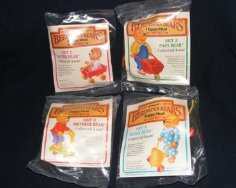 Berenstain Bears McDonald's Toys, MIP, Mint In Package, 1987, Sister Bear, Papa Bear, Brother Bear, Mama Bear