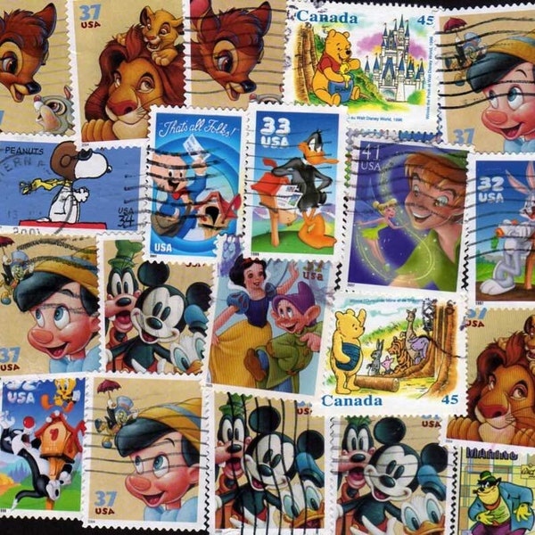 Cartoon Stamps, 20, Includes Disney Stamps, Etc., Cartoon Postage Stamps, Stamps, Postage Stamps, Mickey Mouse, Bambi, Bugs Bunny, Etc.