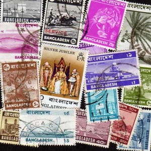 May include: A collection of vintage postage stamps from Bangladesh. The stamps feature various designs, including historical figures, buildings, and wildlife. The stamps are in various colors, including purple, gold, and blue.