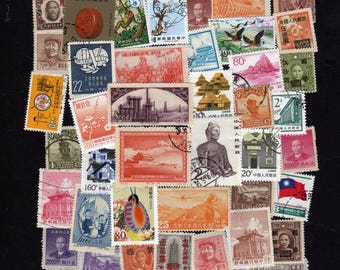 40 Diff China Vintage Stamps, Asian Stamp Collection, Travel Journal, Paper Art, Craft Supplies