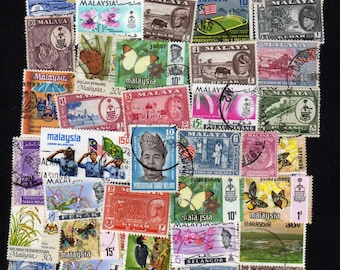 40 Different Malaysia Stamps, Vintage Malaya Asian Asia Collection, Paper Crafts Supplies, Travel Junk Journals, Journaling
