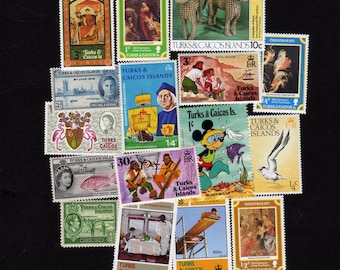 Turks & Caicos Stamps, 15 Diff., Mostly Unused, Caribbean Stamp Collection, Travel Journal, Journaling, Paper Art Craft Supplies, Collages