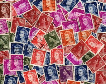 100 Queen Elizabeth Stamps, Australia & Canada Stamps, Multicolored Stamps, Stamps for Crafts, Paper Art, Collages, Junk Journals,Journaling