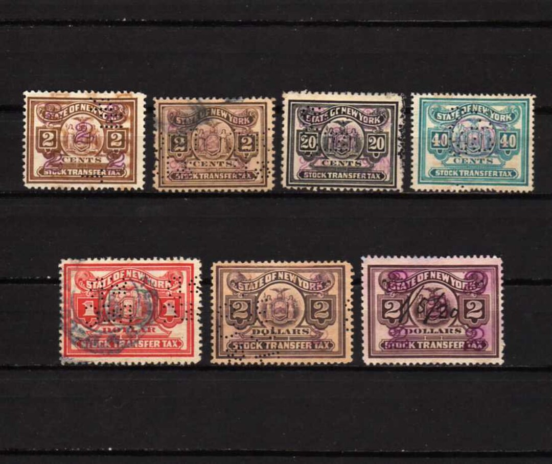 New York State Stock Transfer Tax Stamps, Perfins, 7 Diff, US Revenue