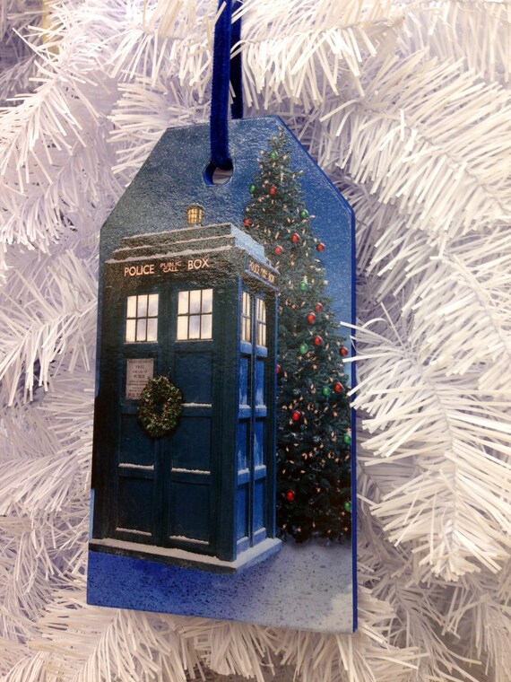 Doctor Who Christmas Ornament Tardis In Snow Wooden Tag Etsy