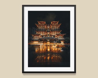 Singapore Buddha Tooth Relic Temple Night Print: Asian Architecture Wall Art