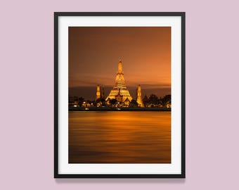 Wat Arun Temple Print: Bangkok Night Photography, Thailand Wall Art
