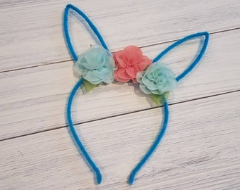 Fuzzy Bunny Ear Headband  - Turquoise Blue