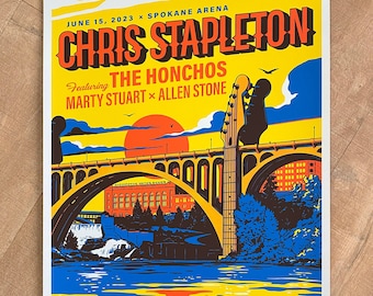 Chris Stapleton Spokane 2023 Poster // Wall Art // Screen Print // Spokane River // Guitar // Waterfalls