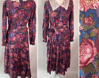 Vintage Laura Ashley dress, size 10/12, purple flora dress, drop waist dress, lace collar dress,