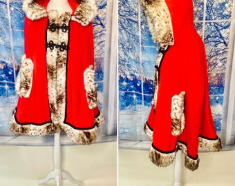New Handcrafted Winter Red Faux Fur Cape with Tortoise shell trim hood, Be perfectly cozy this Christmas