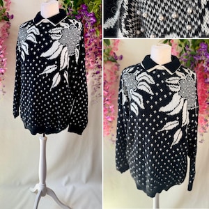 vintage jumper, size XL, 80s jumper, black and white, knitted, funky jumper