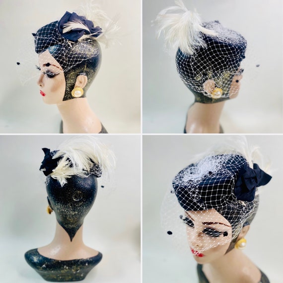 Black vintage pill box hat with veil and feathers… - image 1