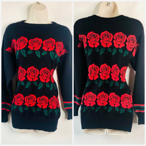 Vintage black rose patterned jumper, size 10/12, … - image 1