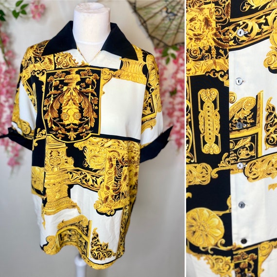 1980s baroque gold and black blouse, size XL, but… - image 1
