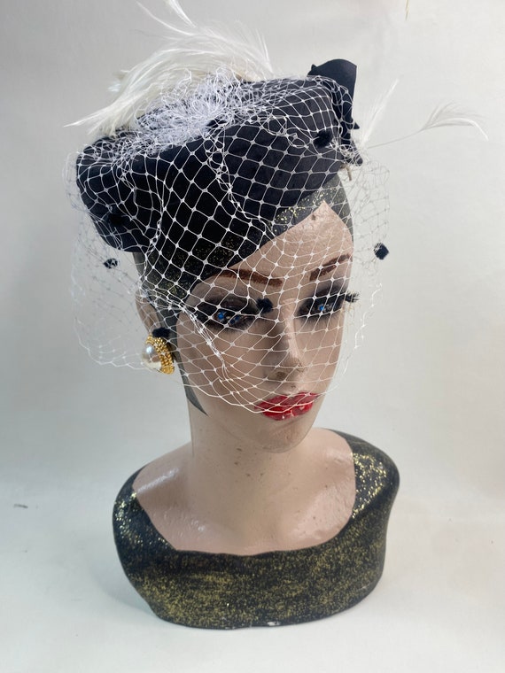 Black vintage pill box hat with veil and feathers… - image 2