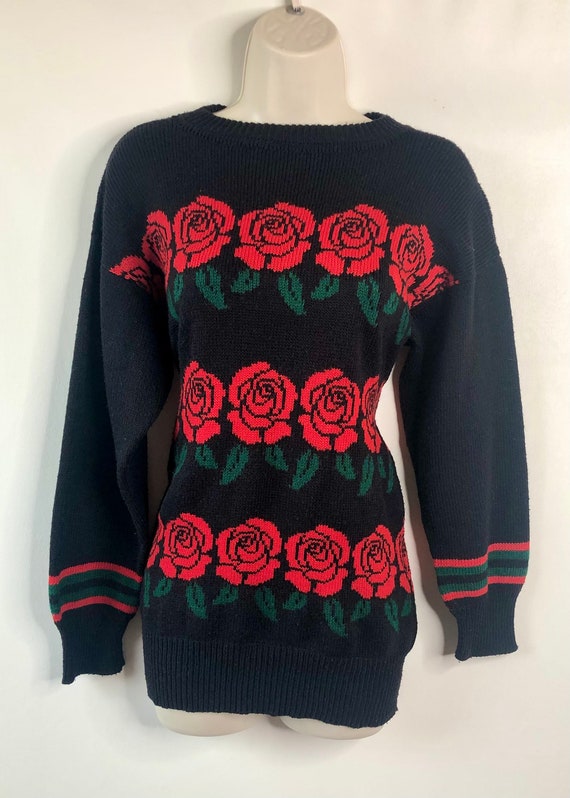 Vintage black rose patterned jumper, size 10/12, … - image 3