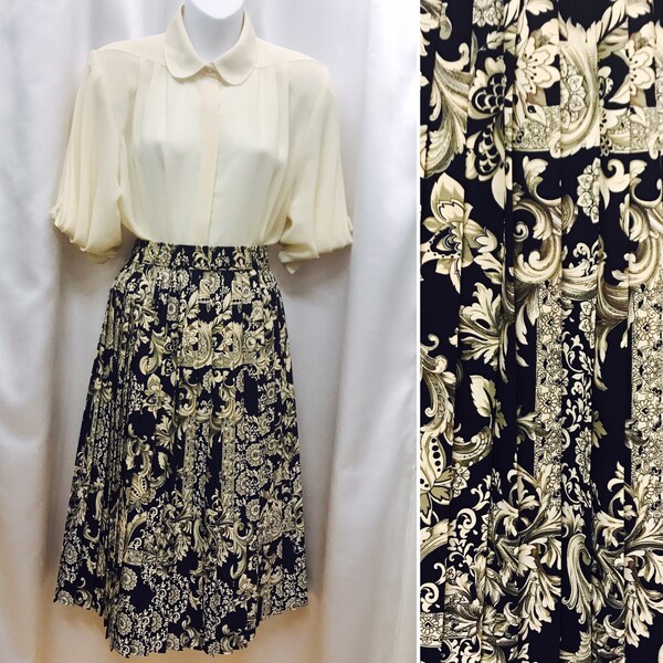 Vintage Paisley Skirt Size 8, Cream & Navy, Pleated with Elasticated Waist