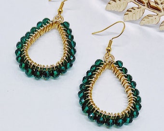 Emerald Green and Gold Beaded Teardrop Dangle Earrings | Hypoallergenic Earrings | Green Crystal Earrings | Emerald Green Jewelry | Gift