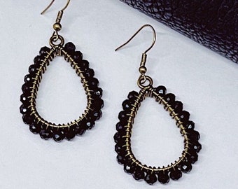 Black and Bronze Beaded Teardrop Dangle Earrings | Hypoallergenic Earrings | Black Crystal Earrings | Gift for Her | Bronze Earrings