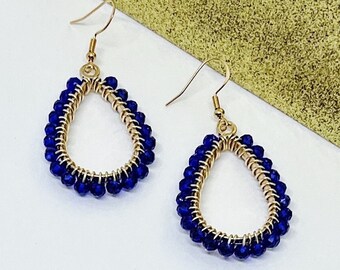 Royal Blue and Gold Beaded Teardrop Dangle Earrings Hypoallergenic