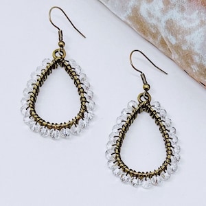 Clear and Bronze Beaded Teardrop Dangle Earrings | Hypoallergenic Earrings | Clear Crystal Earrings | Bronze Earrings | Bronze Jewelry