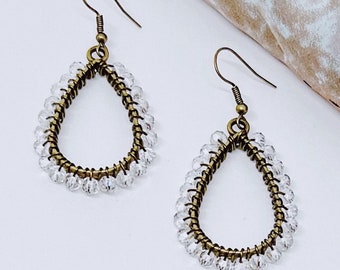 Clear and Bronze Beaded Teardrop Dangle Earrings | Hypoallergenic Earrings | Clear Crystal Earrings | Bronze Earrings | Bronze Jewelry