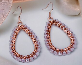 Lavender and Rose Gold Beaded Teardrop Dangle Earrings |  Hypoallergenic Earrings | Pastel Purple Earrings | Rose Gold Earrings | Gift Idea