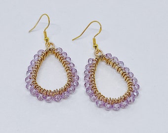 Pastel Purple and Gold Beaded Teardrop Dangle Earrings | Hypoallergenic Earrings | Purple Earrings | Beaded Earrings | Gold Dangle Earrings